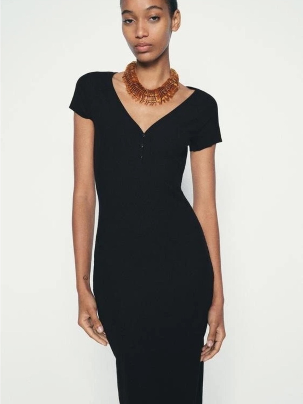 Zara Terez Black Ribbed V-Neck Midi Dress with Button Detail